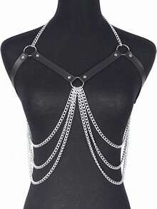 1 chiếc dây chuyền nhiều lớp phong cách punk bằng da PU màu đen gợi cảm dành cho nữ, phù hợp để đeo hàng ngày, đi bar, tham dự lễ hội nhạc điện tử và chụp ảnh nghệ thuật. - màu đen - Xem 3