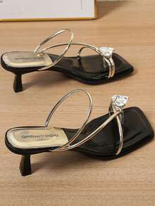 1 Pair Women's Minimalist Gold Square Toe Crystal Embellished Stiletto Heel Elegant Party Comfortable Versatile Summer High Heel Sandals - Gold - View 8