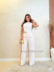 SJD MODA LADY Solid Tailored Set, Casual, Sleeveless Top And Palazzo Pants - White - View 5
