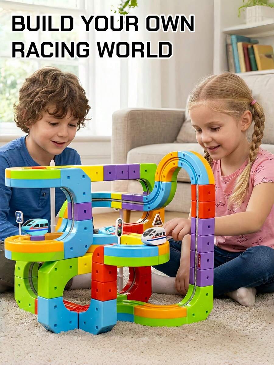 32/48/88 piezas Conjunto de pista flexible, coche de pista de metal con tren eléctrico y señales de tráfico, juego de pista DIY multicompetitivo, juego de ensamblaje y conexión, adecuado para niños y niñas, regalo de cumpleaños/Navidad, juguete de coche, juguete de pista de tren
