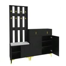 Conjunto de armario con banco y cojín para zapatos, frente de armario con ganchos, zapatero con cajones y puertas [SKU ANTIGUO: WF32579234B] - Negro - Ver 5