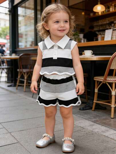 2pcs Baby Girls Summer New Classic Black & White Contrast Collar Flutter Sleeve Backless Bow Decor Top & Striped Casual Comfortable Sports Shorts Set, Suitable For Outdoor Wear