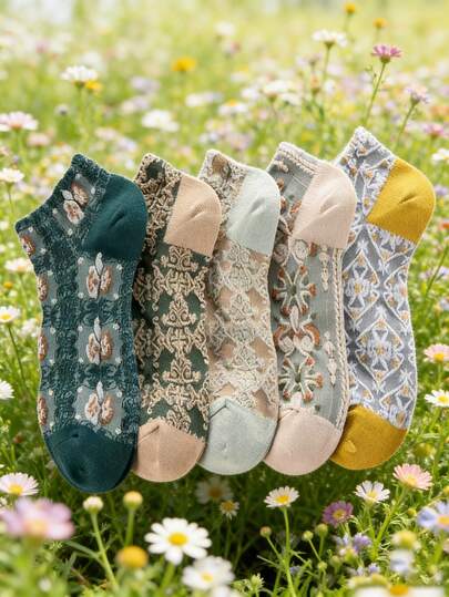 1/5双装 女士休闲彩色洛丽塔芭蕾舞风格短袜，适合日常穿着，休闲踝袜、运动袜和日常穿着的船袜，可爱踝袜，隐形袜