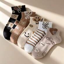 5 paires de chaussettes montantes imprimées de nœuds et d'ours de bande dessinée, à la mode et respirantes, polyvalentes pour toutes les saisons, convenant aux étudiants - Multicolore - Voir 7