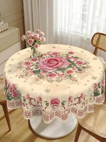 1 pieza Mantel de poliéster rosa vintage con estampado de rosas, hojas y flores - Cubierta rectangular tejida a máquina, ideal para fiestas de primavera y verano, interiores y exteriores, decoración de estilo granja - Multicolor - Ver 2