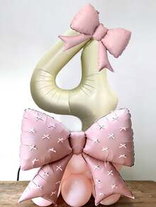 43pcs Birthday Theme 0-9 Number Balloon Set, 40-Inch Cream Color Number Foil Balloons, Pink Bow Balloons, Pink Latex Balloons, Bow Ribbon Accessories Suitable For Birthday Party, Anniversary Decoration - Birthday Suit - View 4