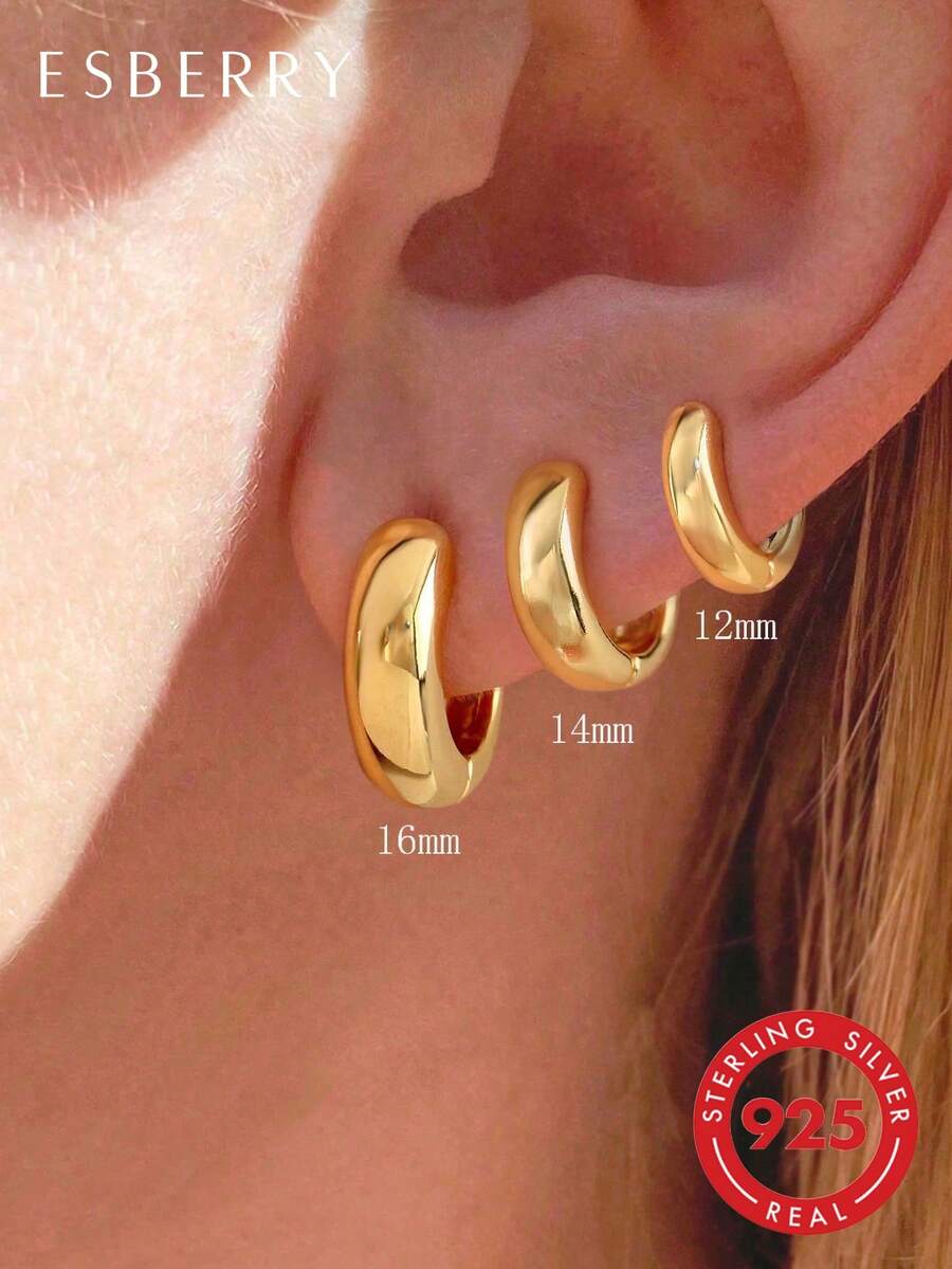 ESBERRY 1 Đôi bông tai bạc 925 Sterling Silver hình tròn sáng bóng tối giản, kích thước 12-16mm, thích hợp làm quà tặng kỷ niệm cho nữ, quà sinh nhật cho bạn gái, quà hẹn hò và đeo hàng ngày, trang sức tinh tế.