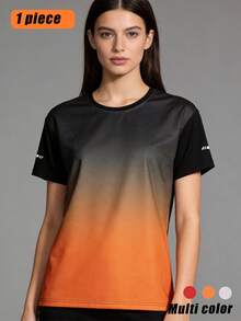 1pc Women's Outdoor Short Sleeve T-Shirt, Ombre Color Block, Luxury Sports & Running Top, Spring/Summer - Orange - View 4