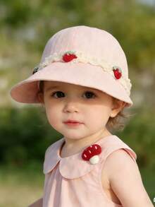 1pc Baby Girls Lace Strawberry Soft Brim Cap, Adjustable Large Brim Breathable Sun Hat For Outdoor - Children's Lace Strawberry Baseball Cap - View 2