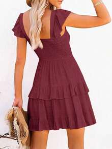 Women's Summer Ruffle A Line Mini Dress Elastic Empire Waist Layered Swing Flowy Design - Màu Đỏ Sâu - Xem 3