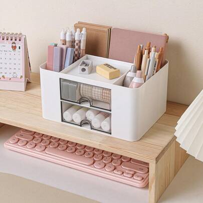 Storage Box - A Desktop Organizer With Two Drawers - Plastic Desktop Pen And Card Storage Box - Suitable For Desktop Use, Office Supplies, Vanity Table, School, And Home Use.