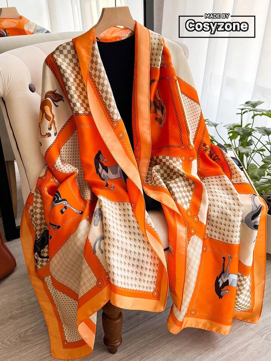 1 buah Syal Motif Kuda Patchwork Mirip Sutra yang Elegan, Selendang Serbaguna untuk Pantai, Perlindungan Matahari, Aksesori Fashion untuk Pemakaian Sehari-hari, Liburan, dan Perlengkapan Perjalanan - Jeruk - View 1