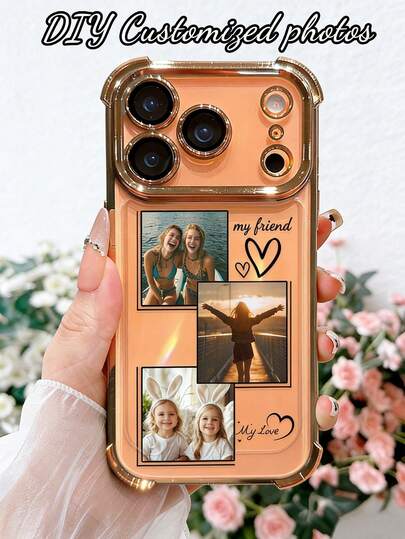 Summer 1 Personalized Customized Three Photo Name Text Anti Drop Transparent Orange Full Edge Lens Phone Case, Compatible With IPhone 17/Air/17pro/17promax/16/16pro/16plus/16promax/15/14/13/12/11 And Other Models, Suitable For Gifting To Friends 2026 Valentine's Day