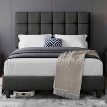 4ft6 Double Upholstered Platform Bed - Adjustable Square Tufted Headboard, Linen Fabric With Sturdy Wooden Slat Support, Beige (No Box Spring Needed) - Dark Grey - View 1