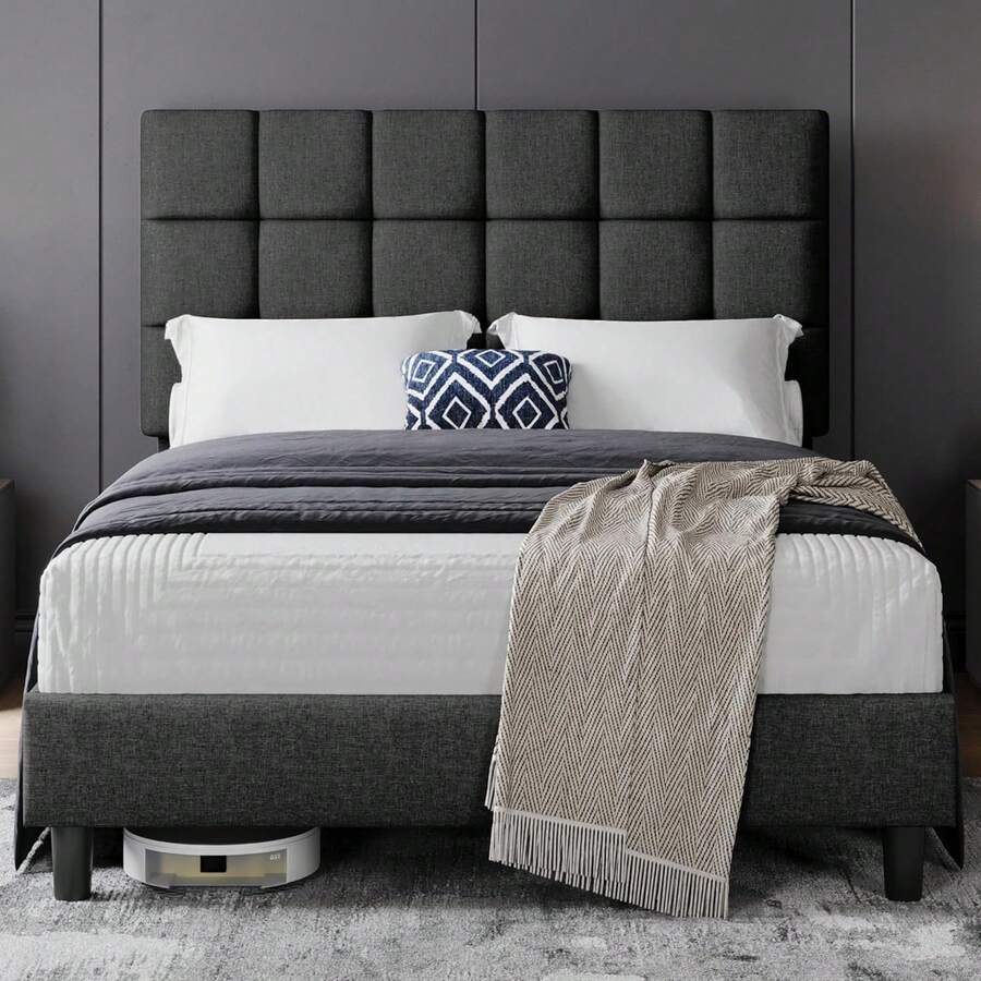 4ft6 Double Upholstered Platform Bed - Adjustable Square Tufted Headboard, Linen Fabric With Sturdy Wooden Slat Support, Beige (No Box Spring Needed) - Dark Grey - View 1