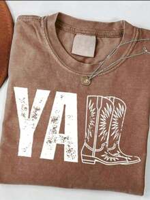 2026 Tops For Women, Washed Cotton Women's T-Shirt, Vintage Western Print Women's T-Shirt, Southern Country Cowgirl Shirt, Cowboy Boot Style, Cute Cowboy Rodeo Country Concert Outfit T-Shirt, Cute And Stylish T-Shirt, Universal Loose Bohemian Style T-Shirt, Local Warehouse, Elegant And Cute Women's Clothing, Loose And Comfortable Summer Tops - 灰色 - 查看 2
