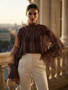 女士奢华白色雪纺衬衫，优雅层叠荷叶袖高领上衣，时尚复古风派对晚宴装扮，搭配白色衬衫外套 - 咖啡棕 - 查看 5