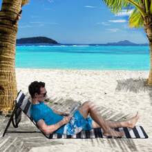 Pack Of 2 Foldable And Adjustable Beach Mats With Carrying Bag And Magazine Pocket, Made Of Steel And Oxford Cloth In Blue And White. - Black and Blue and White Stripes - View 8