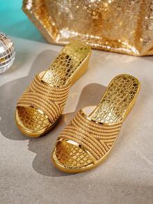 1 Pair Women's Elegant Gold Pearl And Rhinestone Open Toe Wedge Platform Sandals, Bling Slip On Slides For Summer Vacation And Dressy Occasions - الذهبي - مشاهدة 6