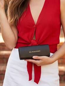 Burberry 1pc Burgundy Leather Eyeglasses Case, Luxury Hard Shell Fashion Glasses Box, Protective Eyewear Storage, Designer Accessory For Women, Perfect Gift For Her - Black - View 6