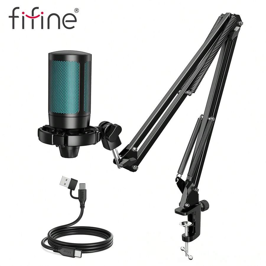 FIFINE A2T USB游戏麦克风套装，USB RGB麦克风套装，带悬臂支架和静音按钮，适用于PC、笔记本电脑、游戏，电容麦克风，可用于视频会议、唱歌、现场录音、播客、直播等。
