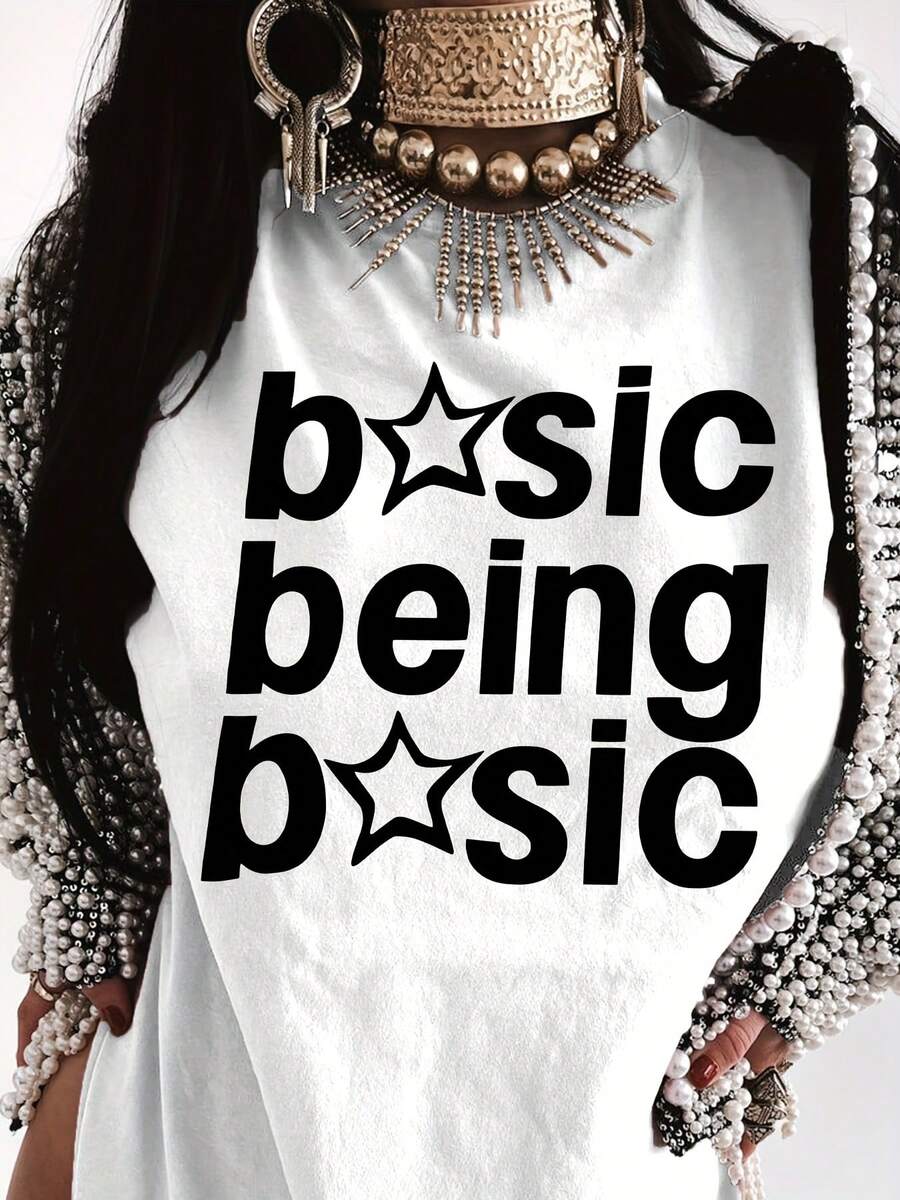 Plus Size Women 100% Cotton Crew Neck Tee, Basic Being Basic Star Letter Print, Casual Summer Short Sleeve For Commute Outing Vacation Daily Wear - 白色 - 查看 1