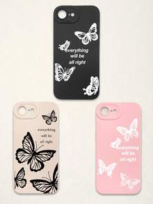 Funda de teléfono suave con protección de lente, 3 piezas con estampado de mariposa y letra, mariposa + estampado de eslogan "Todo estará bien", compatible con iPhone y Galaxy - Multicolor - Ver 78