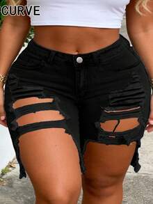 Plus Size Women's Light Blue Washed Denim Capri Shorts With Pockets - Black - View 1