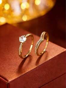 1 Set de anillos apilables de diseño de nicho de lujo para mujeres, anillos para los dedos del mismo estilo delicado, accesorios versátiles para uso diario - Conjunto de anillos - Oro - Ver 7