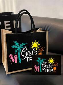 Bolso de tela con estampado tropical "Girl's Trip" y estuche a juego para maquillaje, bolso de lona con estampado de palmeras, sol y chanclas para playa y vacaciones, bolso de yute reutilizable - Multicolor - Ver 4