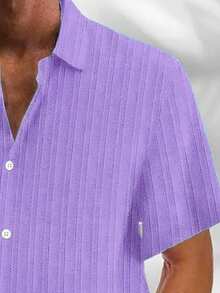 Plus Size Men's Casual Basic Striped Lightweight Breathable Button-Down Short Sleeve Shirt - Mauve Purple - View 4