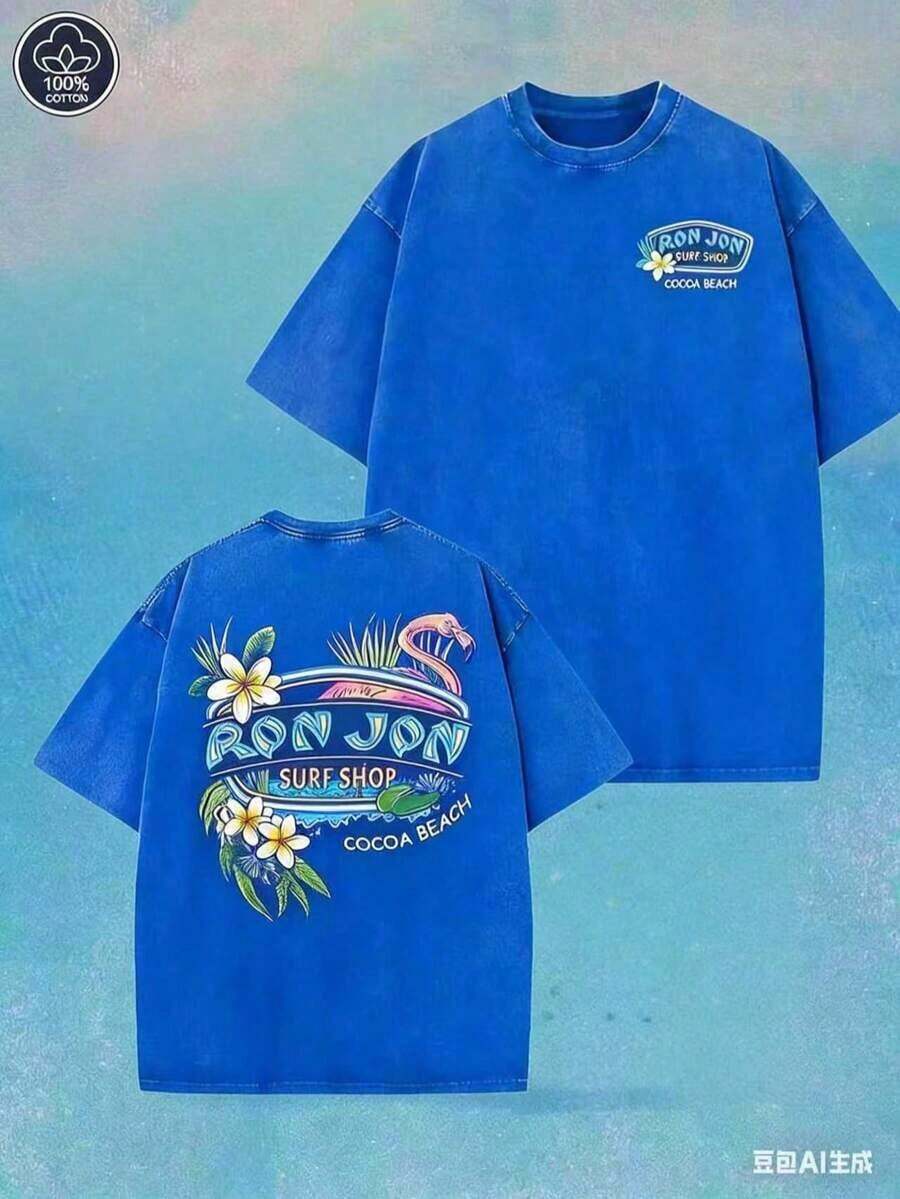 Summer Tops(230 Cotton-Shirt) Men's-Shirt, Surf Shop Graphic - Shirt,Street StyleUnisex Casual-ShirtsLoose And ComfortableSummer Lightweight Style Casual Washed T-Shirt - 藍色 - 查看 1