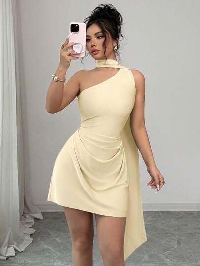 abyoxi Women's Light Yellow, One Shoulder, Scarf Collar, Asymmetric Neck, Draped Ruched Cinched Waist, Slim Fit Mini Dress, Elegant Classy Chic, Vacation Beach Party Wedding Guest Festival Graduation Season Prom Season, Bodycon Spring Summer Short Dresses