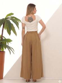 Women's Wide Leg High Waist Wide Leg Pants - 卡其色 - 查看 7