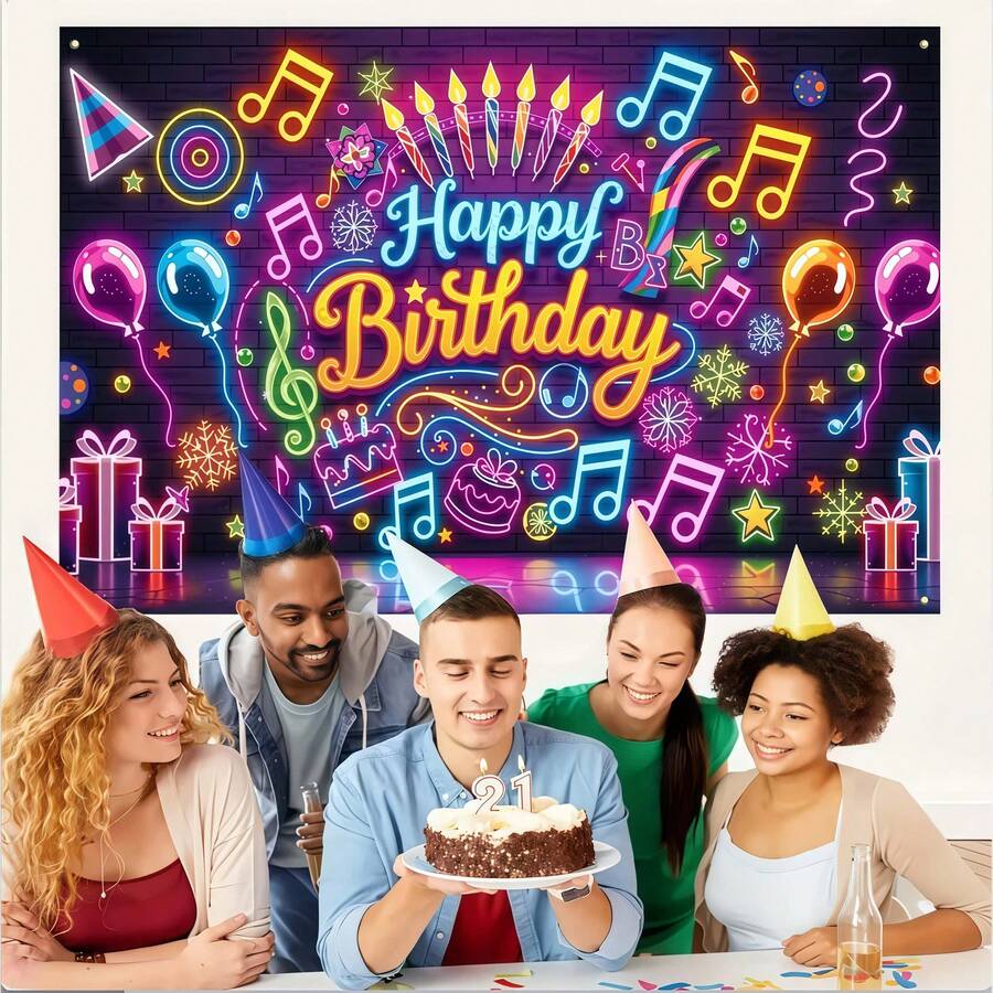 Vibrant "Happy Birthday" Themed Backdrop - A Colorful, Neon-Lit Music Party Background With A Lively, Illuminating Effect. An Ideal Choice For Decorating Indoor/Outdoor DJ Performances, Dance Events, And Photo Booth Areas. - Birthday - View 1