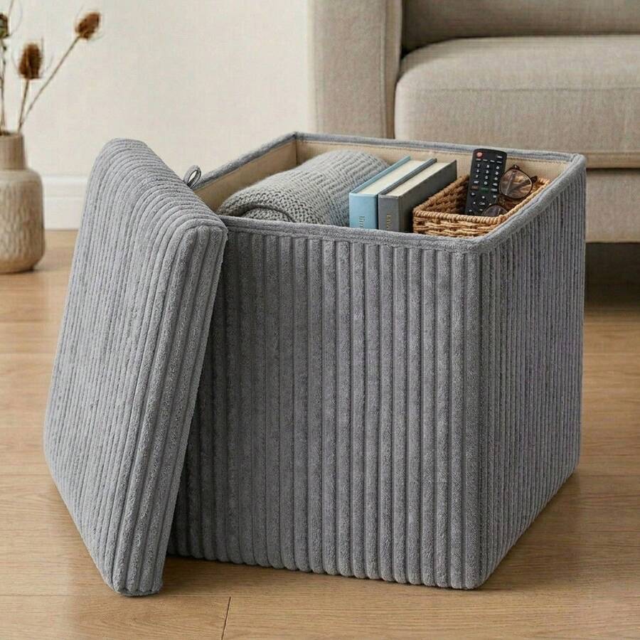 Taburete Organizador de Pana de 38x38x38 cm Tela Suave para Sala de Estar Decoración de Interiores Moderna Plegable Organizador Textura Relieve Multiusos. - Gris Claro - Ver 1