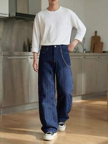 Quần jeans nam dáng suông rộng, kẻ sọc jacquard, thích hợp cho mùa xuân/hè, phong cách công sở thường ngày, thoải mái. - Màu xanh lam - Xem 4