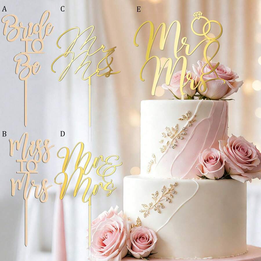 1 pieza/3 piezas/6 piezas Decoraciones para pastel de boda, aniversario y cumpleaños con toppers de madera "Sr. y Sra." - Multicolor - Ver 1