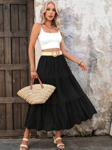 女士多层荷叶边半身裙，松紧腰带设计，休闲飘逸的夏季海滩度假装扮 - 黑色 - 查看 5