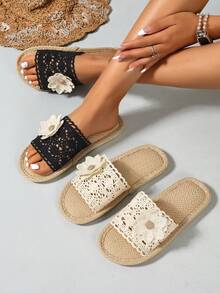 2026 Floral Decor Open Toe Flat Soft Bottom Slide Sandals, All Season - Black - View 8