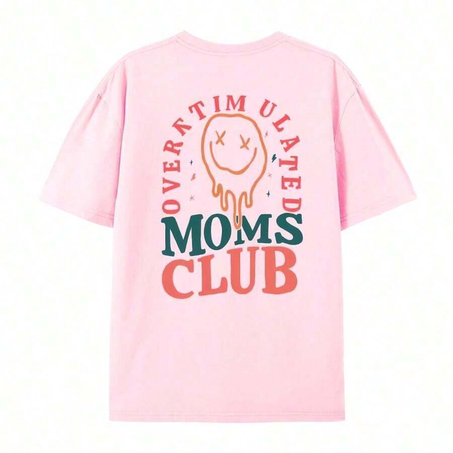 1pcsWomen's Summer Overstimulation Mom Club Graphic Print Round Neck Short Sleeve Simple Casual Everyday Black Plus Size-Shirt Tops, Mom Birthday Grap - 粉色 - 查看 1