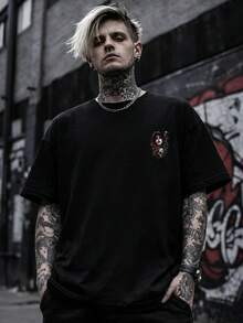 Men's Summer Casual Short Sleeve T-Shirt, Vintage Dark Skull Style, Round Neck, Polyester Fabric, Suitable For Sports And Fitness - Black - View 4