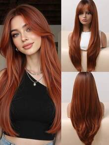 28 Inch 1 Piece Synthetic Heat-Resistant Straight Hair Dirty Orange Bangs Layered Middle Part Synthetic Wigs,Comfortable Natural Bend Women Synthetic Wigs Chemical Fiber Wig Long Straight Wigs Layered Middle Part Wigs Suitable For Summer Daily Parties, Costume Parties, Music Festivals, Holidays, Daily Wear, A Practical Gift For Girls - Dirty Orange - View 11
