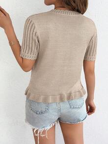 Women's Casual Vacation & Daily Striped Ruffle Trim Round Neck Short Sleeve Knit Cardigan, Spring/Summer - Khaki - View 2