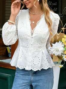Women's Commuting, Casual, Versatile Lace Trim Embroidered Blouse With Cinched Waist, Elegant For Work, Halloween, Christmas, New Year, Beach Vacation, Hanging Out, Suitable For Spring, Summer, Autumn White - trắng - Xem 4
