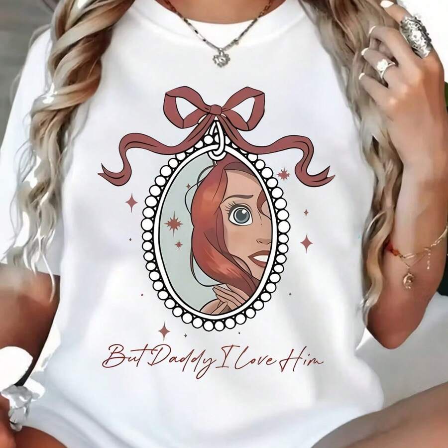Plussize Women's Casual Tshirt, For Ariel, The Little Mermaid, Sport, Athleisure, Comfortable And Loosefitting Round Neck Printed Tshirt For Casual Attire, Suitable For All Seasons, Machine Washable, Valentine's Day Women's Clothing, Date Outfits,Women's Casual Printed Short-Sleeved Round-Neck T-Shirt, Suitable For Daily Wear - White - View 1