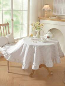 1pc Japanese Style Solid Color Rattan Lotus Edge Round Tablecloth, Woven Fabric, Suitable For Small Gardens, Outdoor Cafes, Kitchens, Bedrooms, All-Season Dining Table Decor - Yarn-dyed Rice Stripe Ruffles - View 9