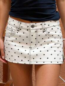 Women Summer Mini Jean Skirts Casual Dots Print Denim Skirt For Beach Vacation Club Streetwear - 白色 - 查看 5