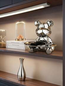 1 pieza Estatua de oso de cerámica abstracta con bandeja para almacenamiento, organizador de llaves y cosméticos, con hucha. Estatua decorativa para estantería. Mejor regalo - Plateado - Ver 3