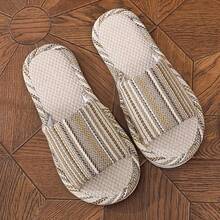 条纹亚麻家居拖鞋，透气舒适，简约设计，EVA防滑鞋底，男女通用 - 米色 - 查看 11
